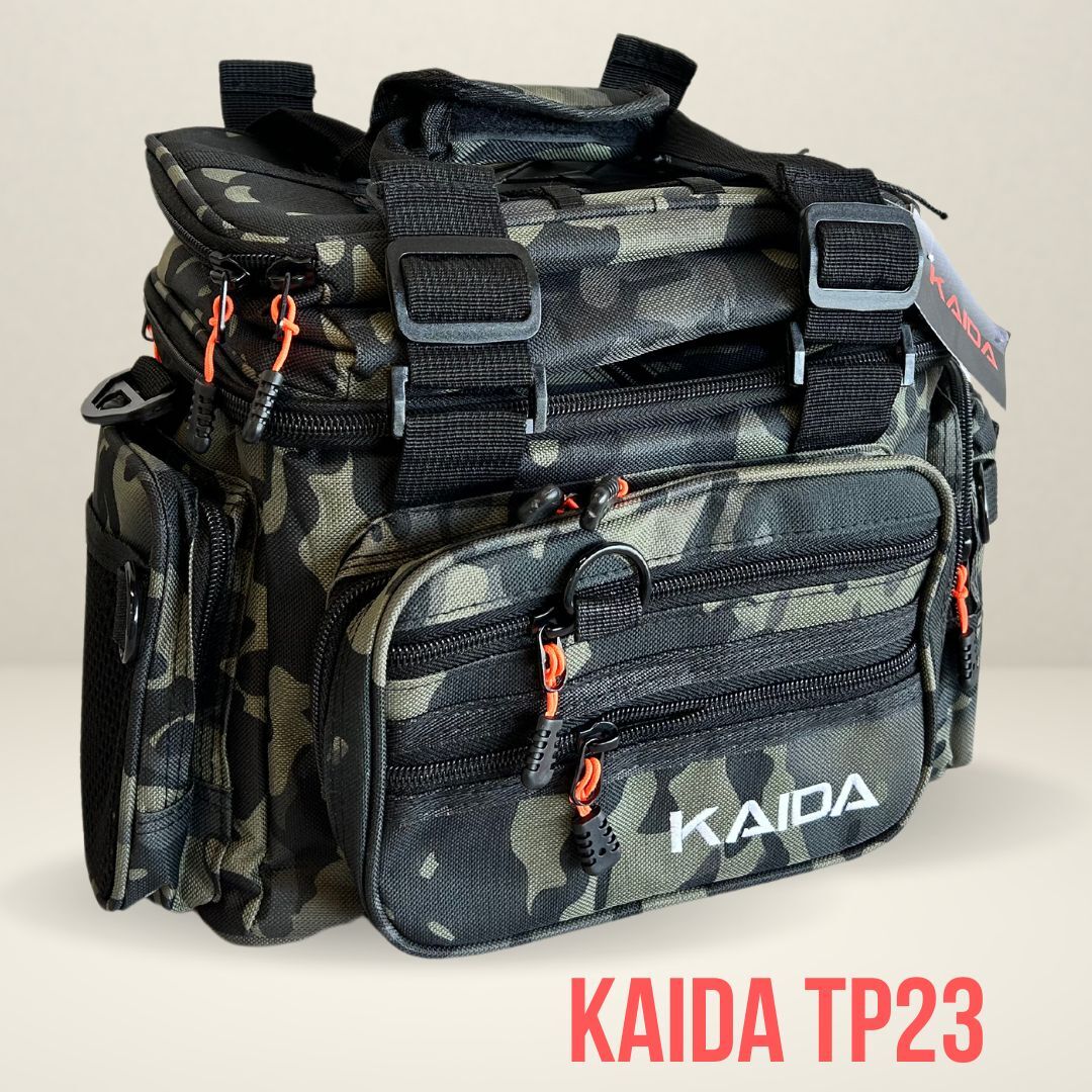 Сумка рыболовная / Сумка для рыбалки KAIDA зеленый камуфляж 2 части 37х19х23 см