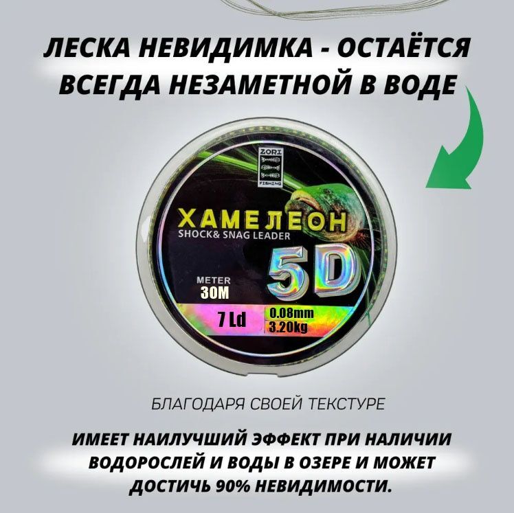 Леска рыболовная ZORI 5D хамелеон с имитацией планктона /леска для зимней рыбалки 30 м 0.08мм 3,20кг