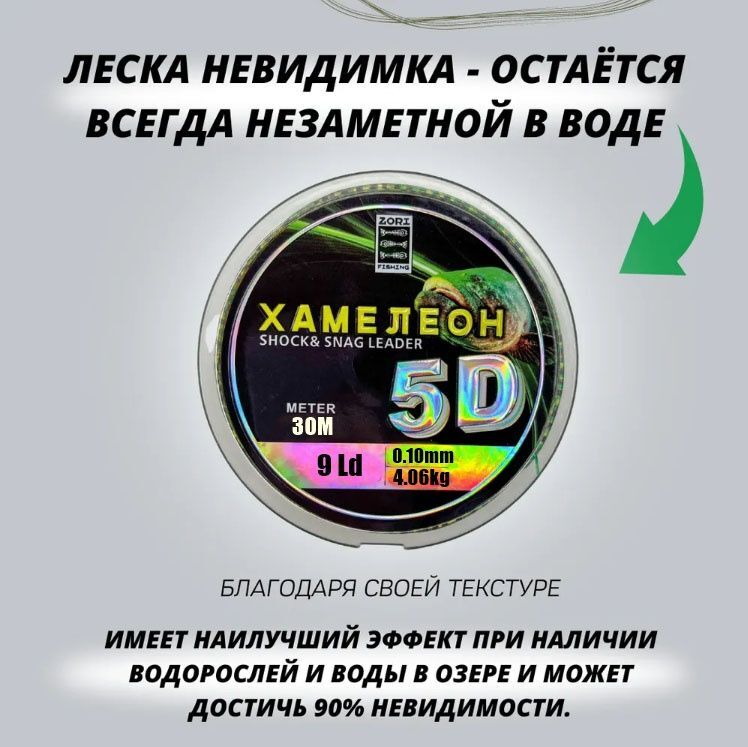 Леска рыболовная ZORI 5D хамелеон с имитацией планктона /леска для зимней рыбалки 30 м 0.10мм 4,06кг