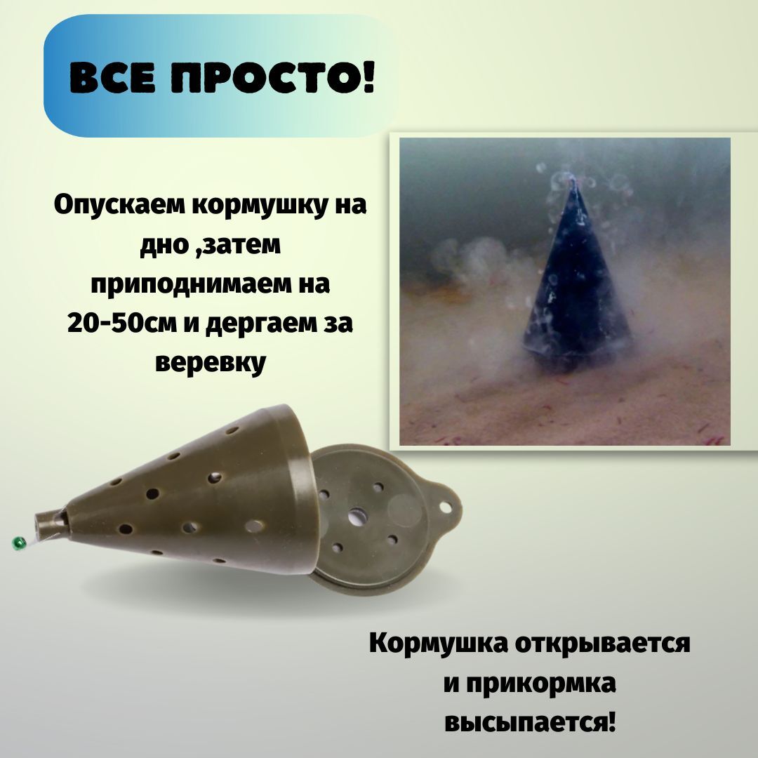 Кормушка зимняя оснащенная пластиковая с открывающимся дном для зимней рыбалки / кормушка конус Manko Большая хаки