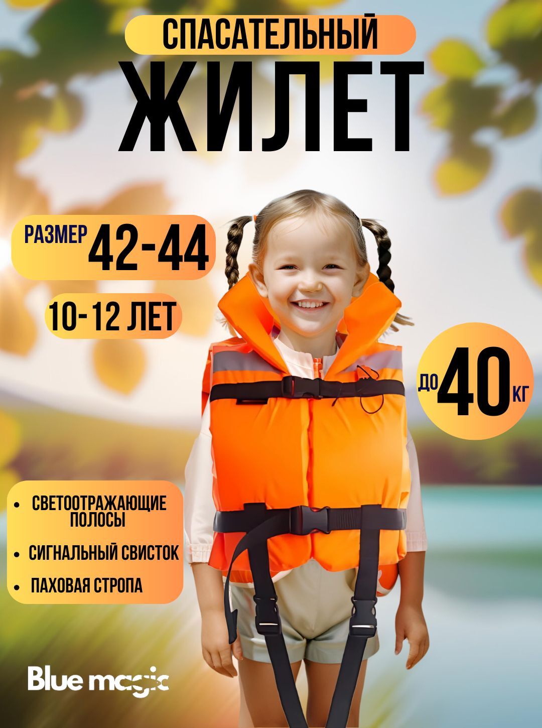 Спасательный жилет детский Blue Magic / Жилет спасательный, для рыбалки до 40 кг размер 42-44 возраст 10-12 года