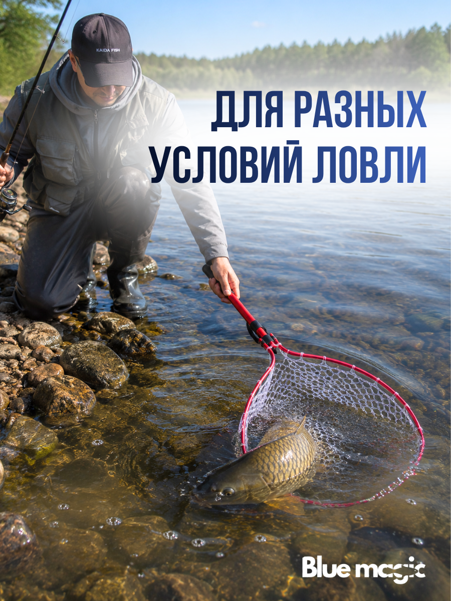 Подсак для рыбалки, складной с раздвижной ручкой KAIDA A69-50 / Садок рыболовный / Силиконовый подсачек круглый, красный