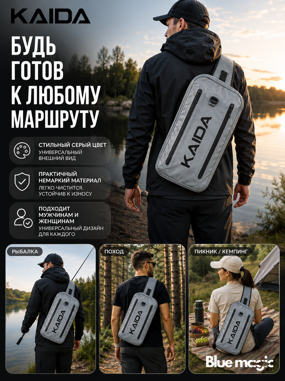 Сумка на плечо Сумка для рыбалки KAIDA водонепроницаемая 40x20x9см серая