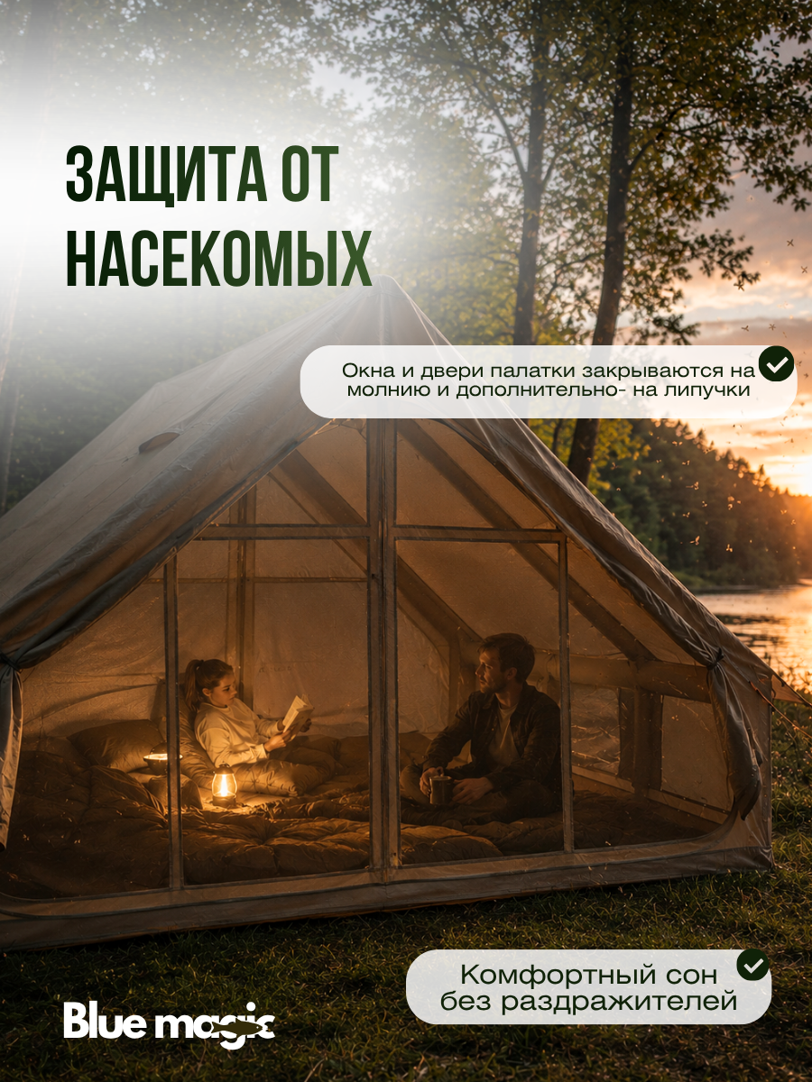 Палатка туристическая Blue Magic / надувная палатка 6 местная с надувным каркасом / шатёр для рыбалки 300*210*200 см