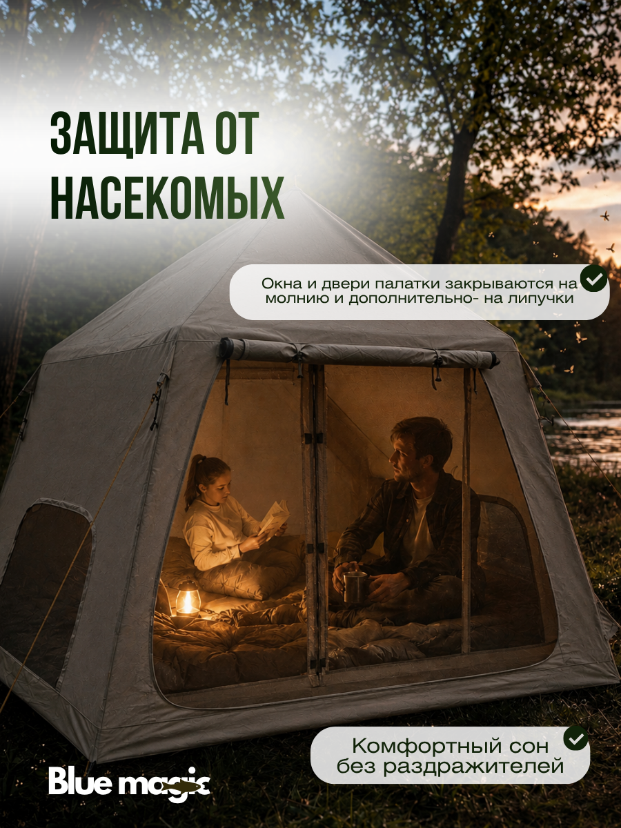 Палатка туристическая Blue Magic / надувная палатка 3 местная с надувным каркасом / шатёр для рыбалки 240*240*180 см