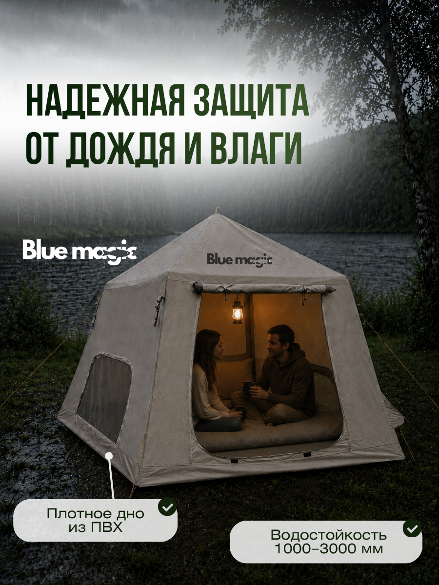 Палатка туристическая Blue Magic / надувная палатка 3 местная с надувным каркасом / шатёр для рыбалки 240*240*180 см