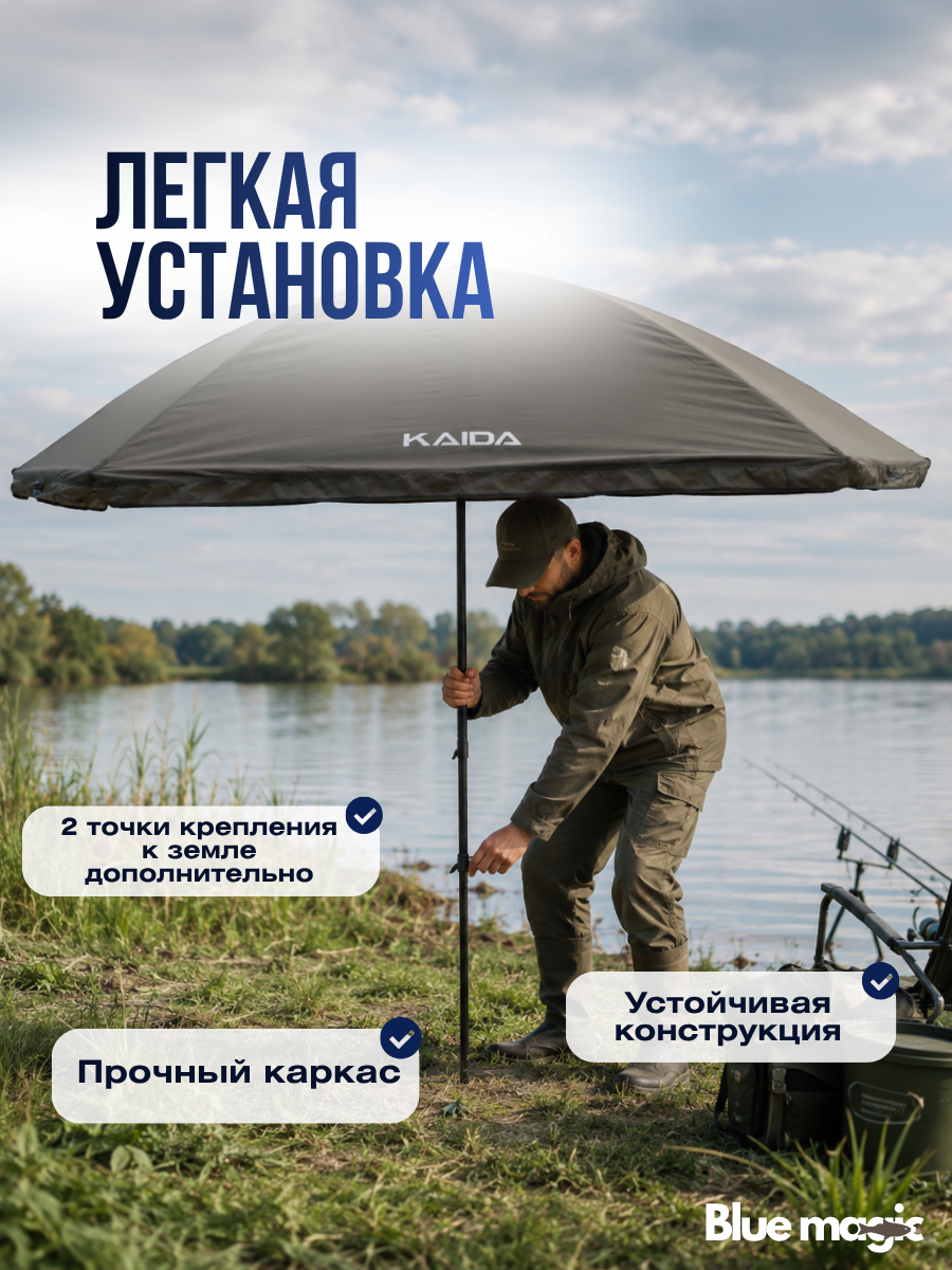 Зонт для рыбалки и отдыха Kaida Зонт карповый с юбкой, на молнии, с окном, обычное двойное сложение, с колышками